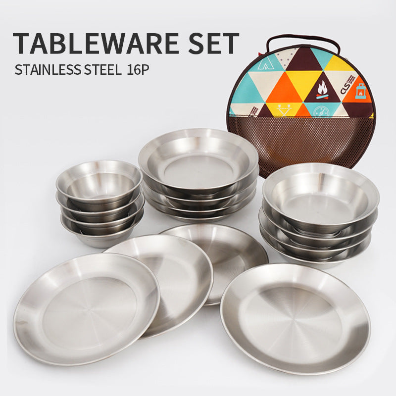 Outdoor Stainless Steel Dinner Plate Bowl 16-Piece Set Of Self-Driving Tour Portable Camping Barbecue Plate Household Soup Pot Plate