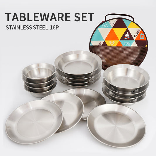 Outdoor Stainless Steel Dinner Plate Bowl 16-Piece Set Of Self-Driving Tour Portable Camping Barbecue Plate Household Soup Pot Plate