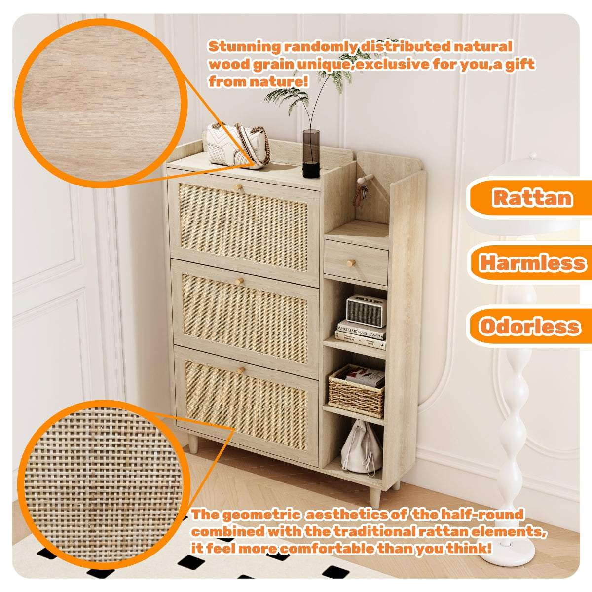 Natural Bohemian style shoe cabinet with 3 rattan flip drawers, 3 square shelves, and 1 storage drawer,  Natural