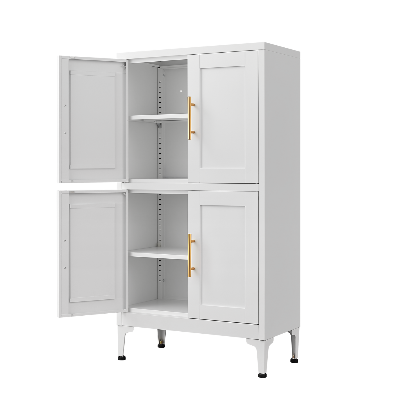 White metal kitchen storage cabinet, kitchen pantry storage cabinet with door and shelf, adjustable leveling feet