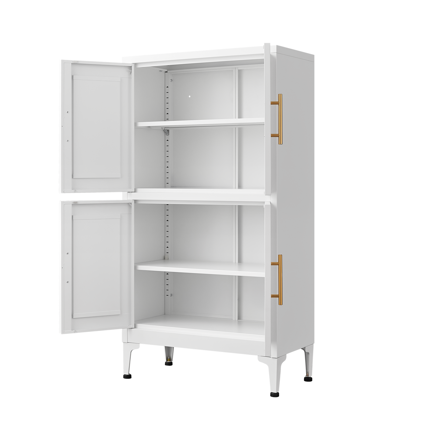 White metal kitchen storage cabinet, kitchen pantry storage cabinet with door and shelf, adjustable leveling feet