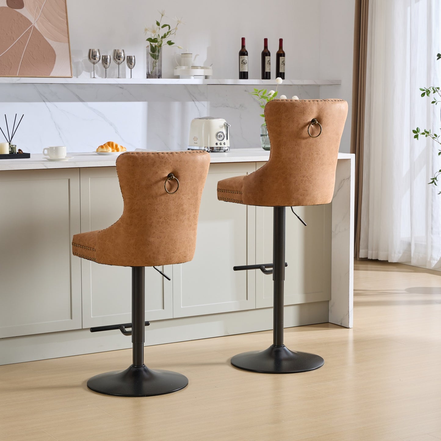 Vintage PU rotating bar stool, seat height adjustable from 25-33 inches, modern bar stool (orange, 2-piece set)