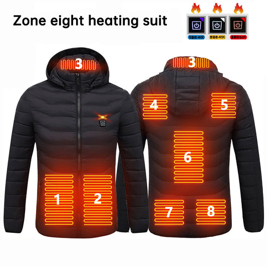 USB Rechargeable Smart Electrical 8 Plate Heating Winter Waterproof Mens Womens Long Sleeve Hoodie Warming Heated Down Jacket