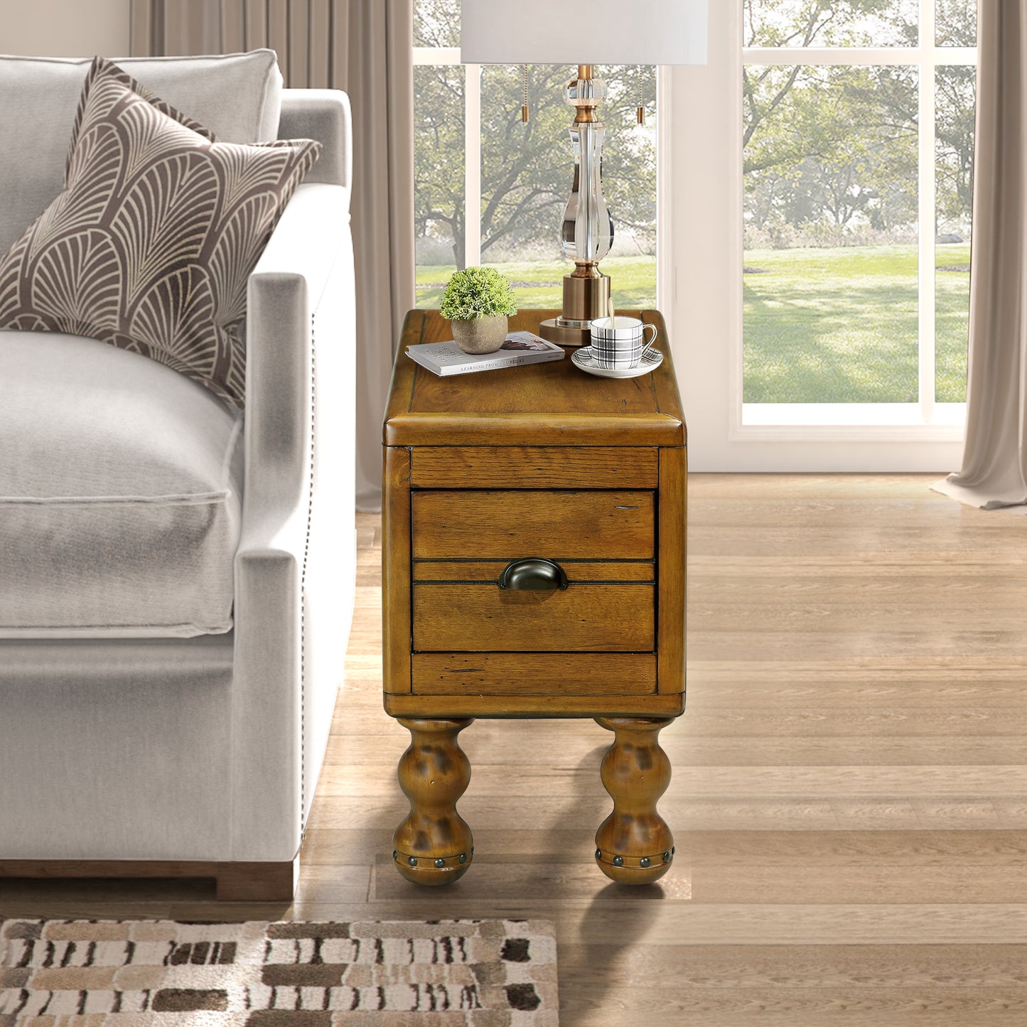 Solid wood end table, rectangular 23.6 inch narrow edge table with drawers, vintage bedside table， Antique Brown