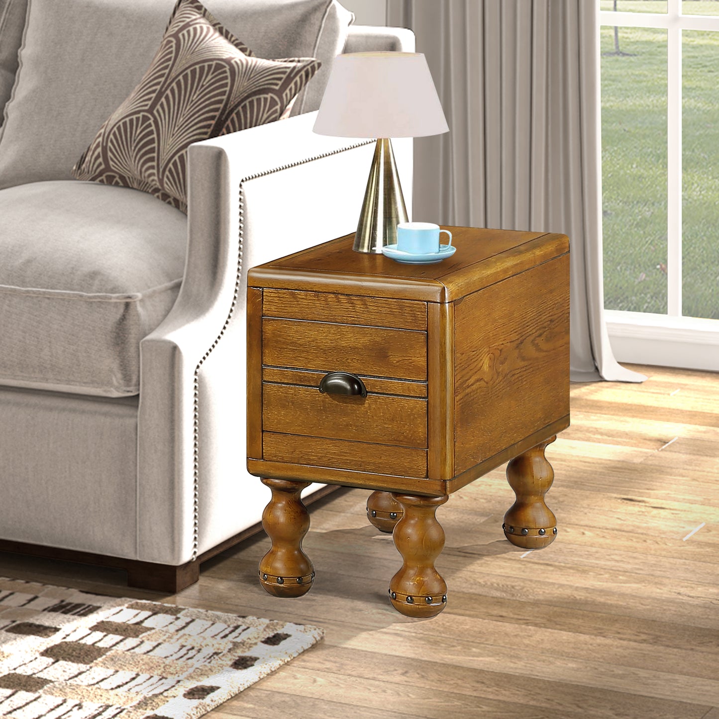 Solid wood end table, rectangular 23.6 inch narrow edge table with drawers, vintage bedside table， Antique Brown