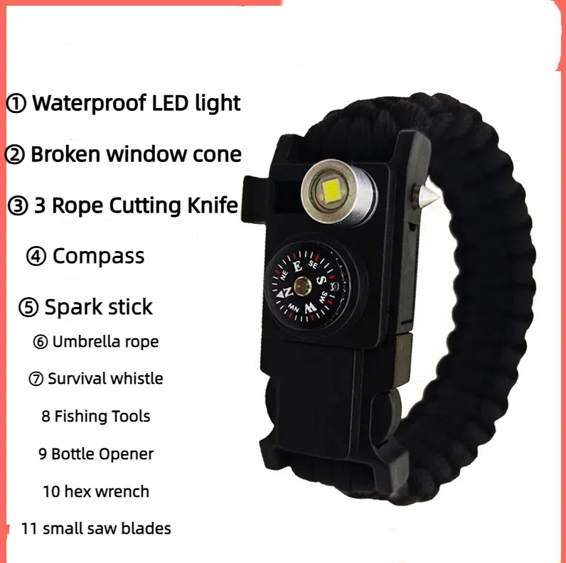 Umbrella rope bracelet, outdoor life-saving supplies, multifunctional small knife, broken window bracelet, LED light, outdoor