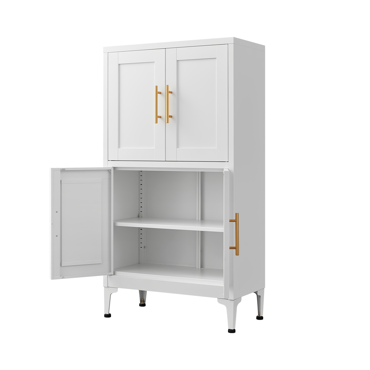 White metal kitchen storage cabinet, kitchen pantry storage cabinet with door and shelf, adjustable leveling feet