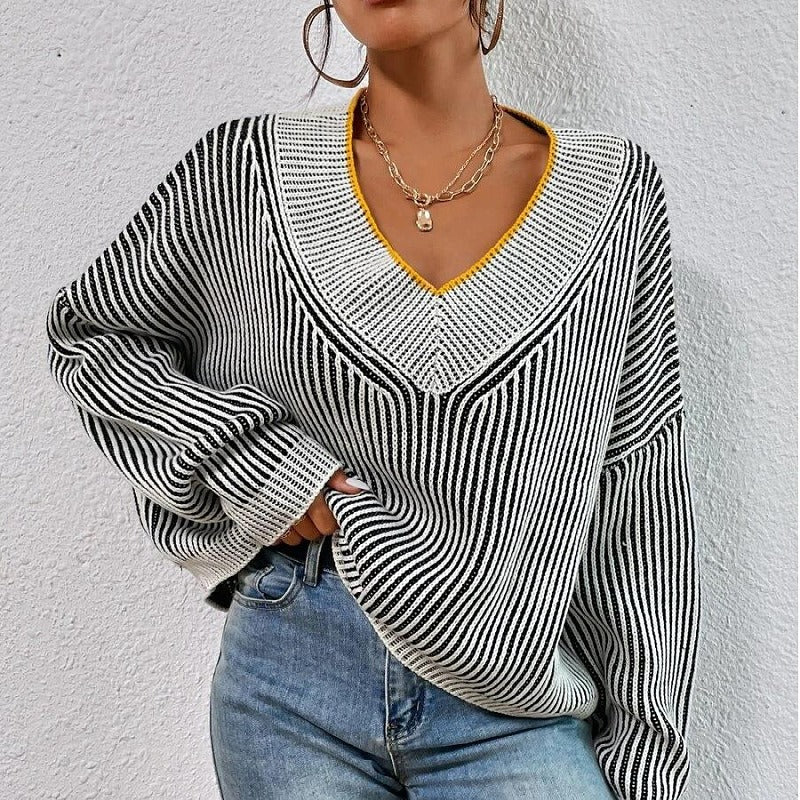 V-neck loose fitting slim bat sleeve sweater striped contrasting color pullover sweater top