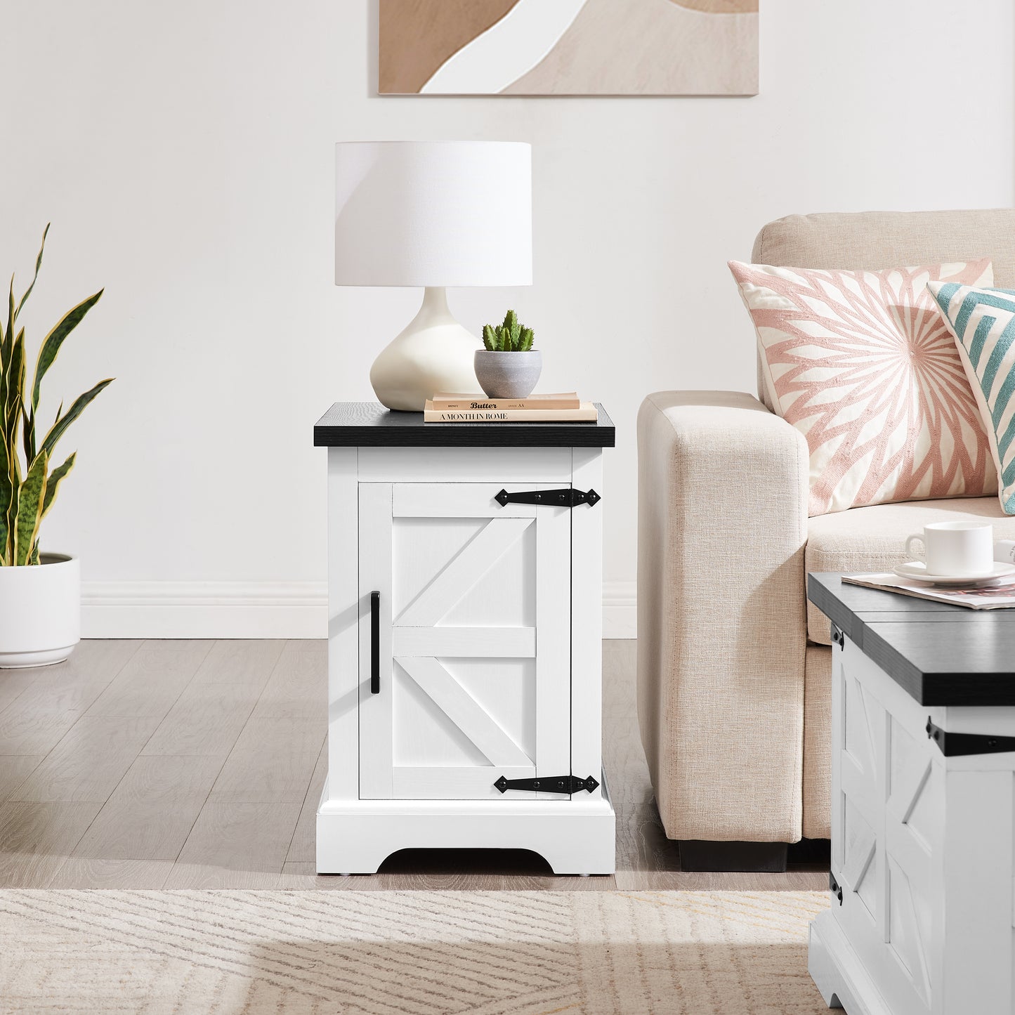 Farmhouse tea table bedside table rectangular farmhouse tea table with barn door and adjustable storage rack, white