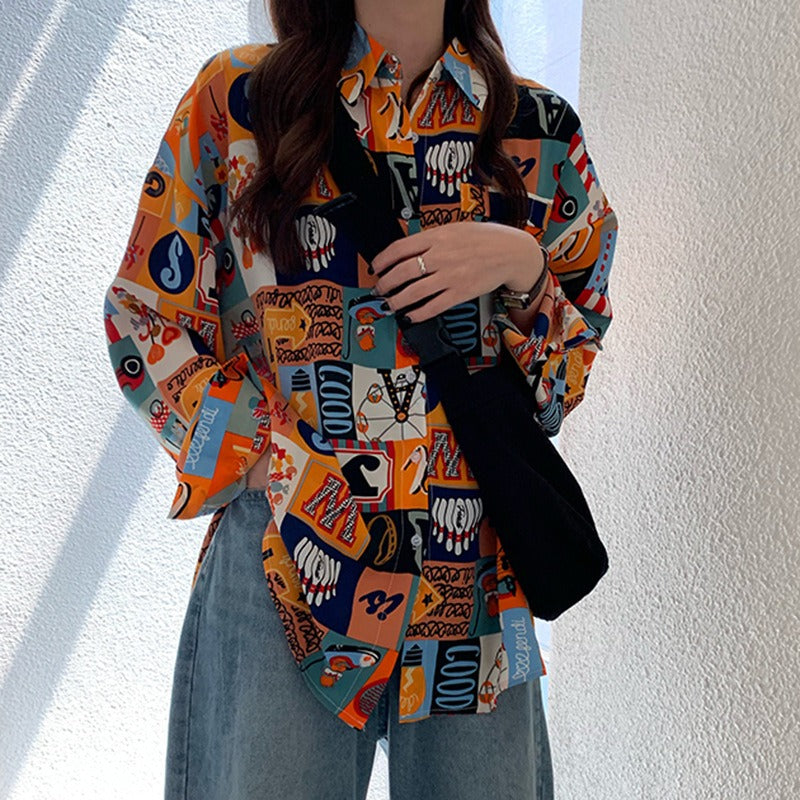 Flower shirt for women, retro Hong Kong style, new style for outerwear, plus size, fat mm, loose Korean version, versatile long