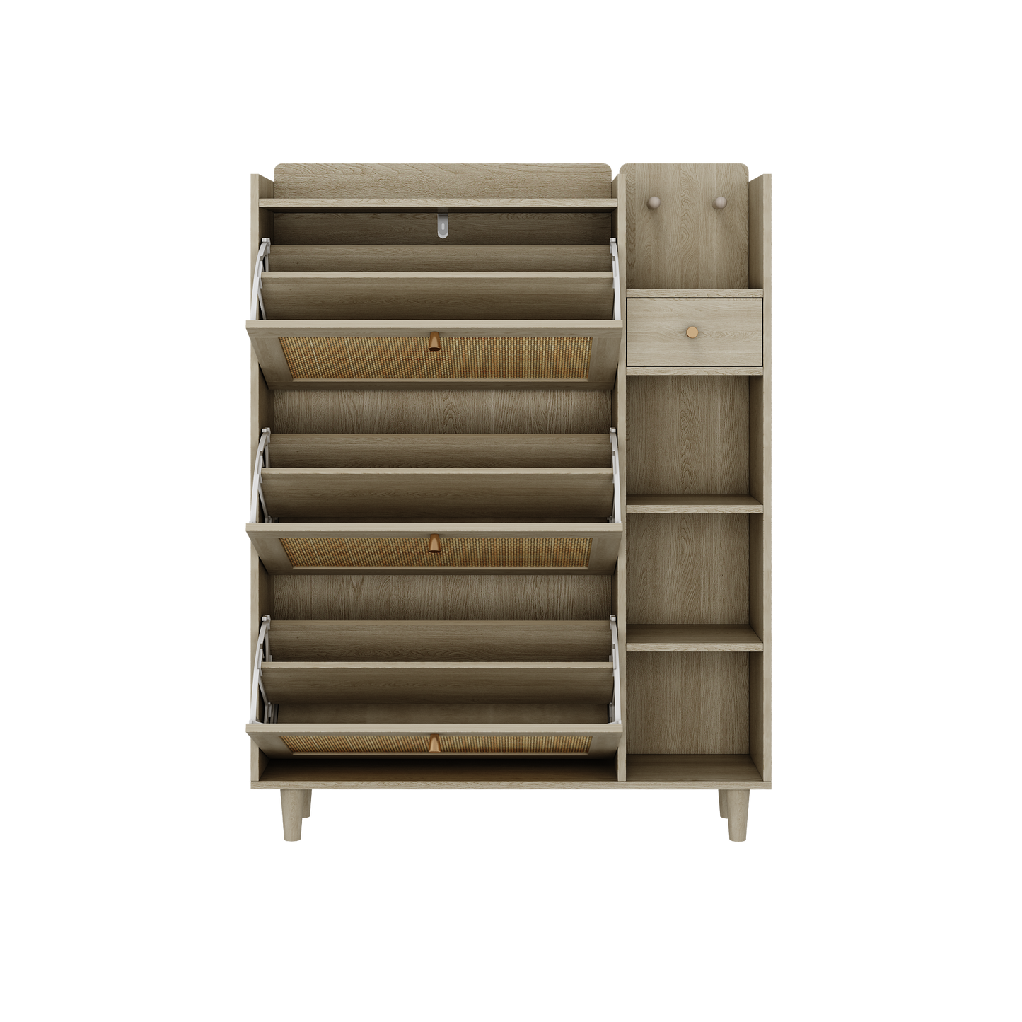 Natural Bohemian style shoe cabinet with 3 rattan flip drawers, 3 square shelves, and 1 storage drawer,  Natural