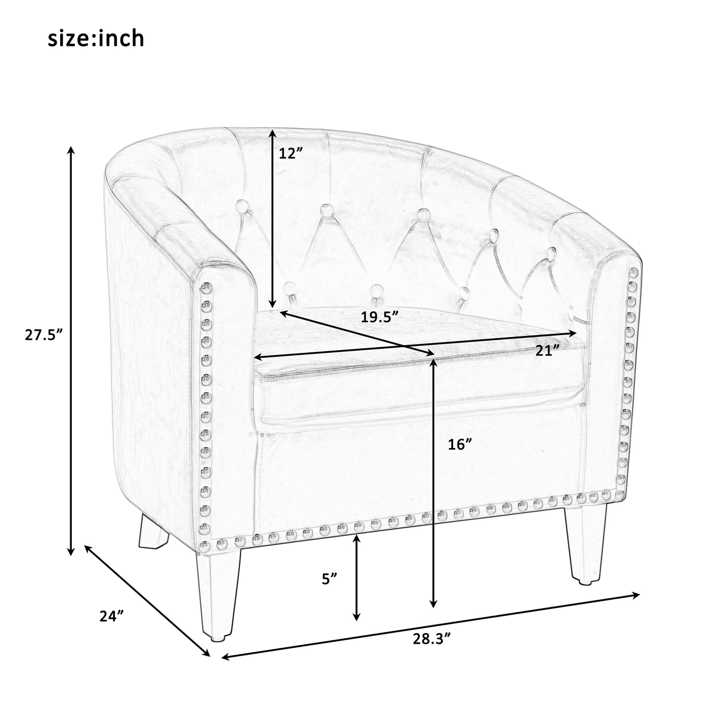 PU Leather Tufted Barrel ChairTub Chair for Living Room Bedroom Club Chairs