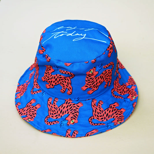 Fire Red Tiger Blue Wide Bucket Hat