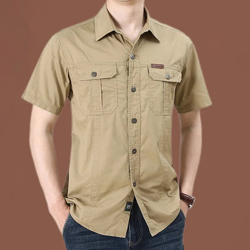 2022 New Summer Denim Short Sleeve Men Shirts 100% Cotton Army Military Casual Shirts Outdoor Hiking Fishing Clothing Plus Size