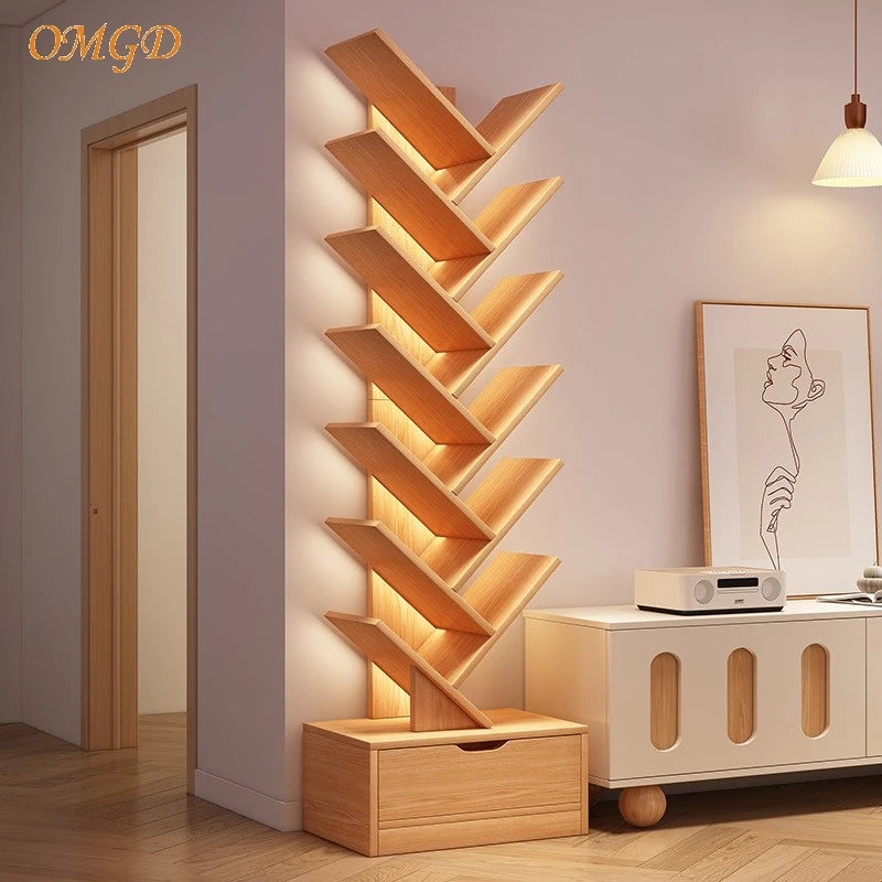 OMGD Simple Tree Small Bookcase Floor Shelf Home Bookcase Living Room Storage Rack Multi-layer Creative Bedroom Narrow Cabinet