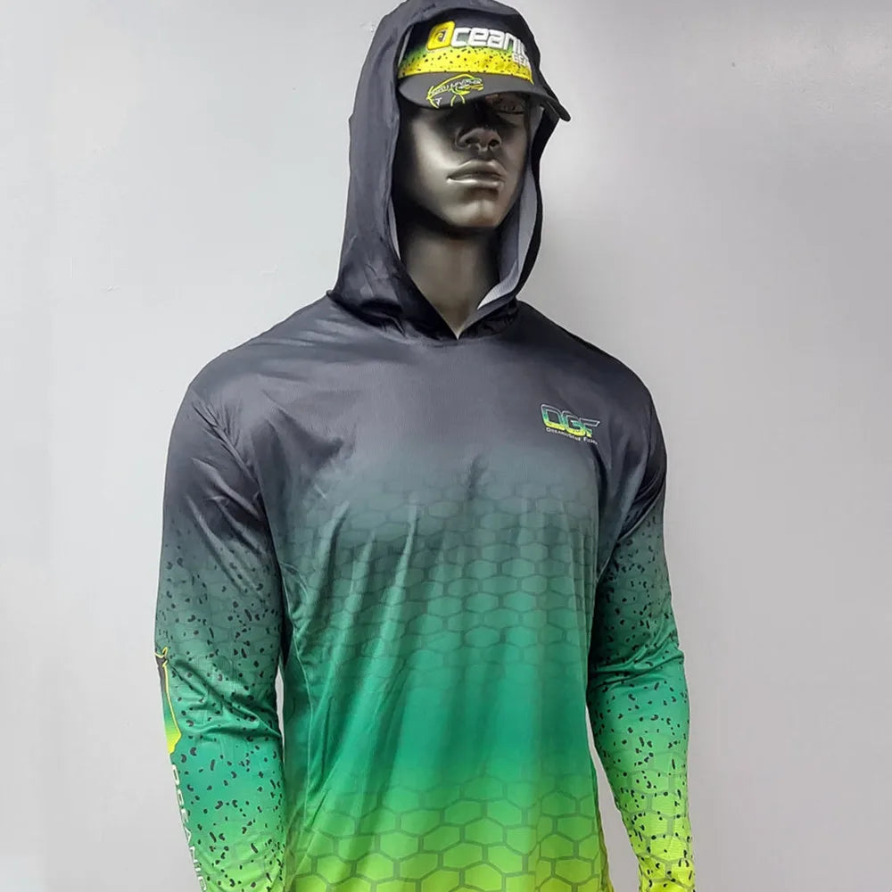 Men's Fishing Hoodie Long Sleeve Jersey UPF 50+ UV Resistant Running Fishing Wear Green Breathable Team Customized Fish Shirt