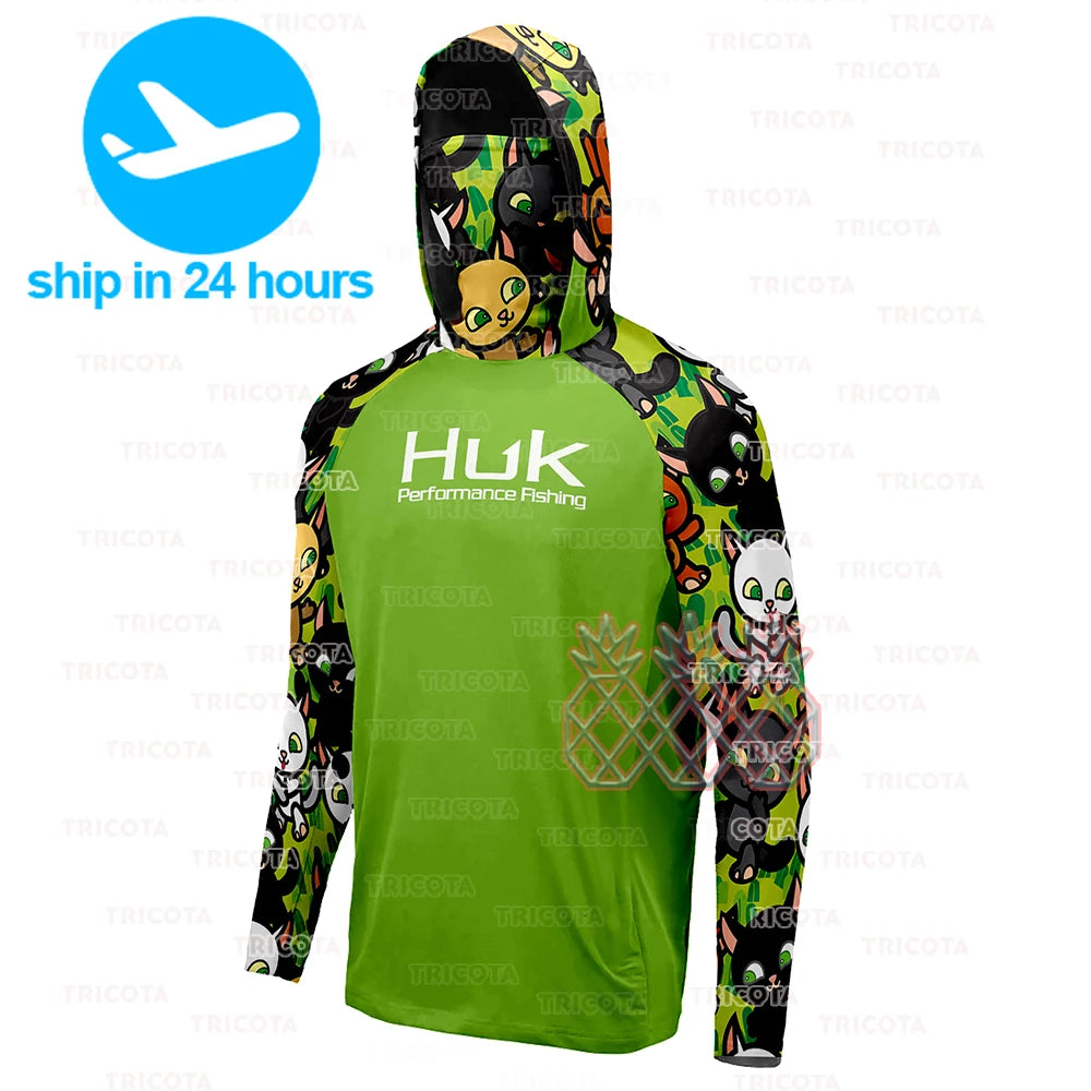 HUK Men Fishing Hoodie Cartoon Shirts Neck Mask Long Sleeve Quick Dry Fishing Apparel Cap Breathable UV Protection Angling Tops