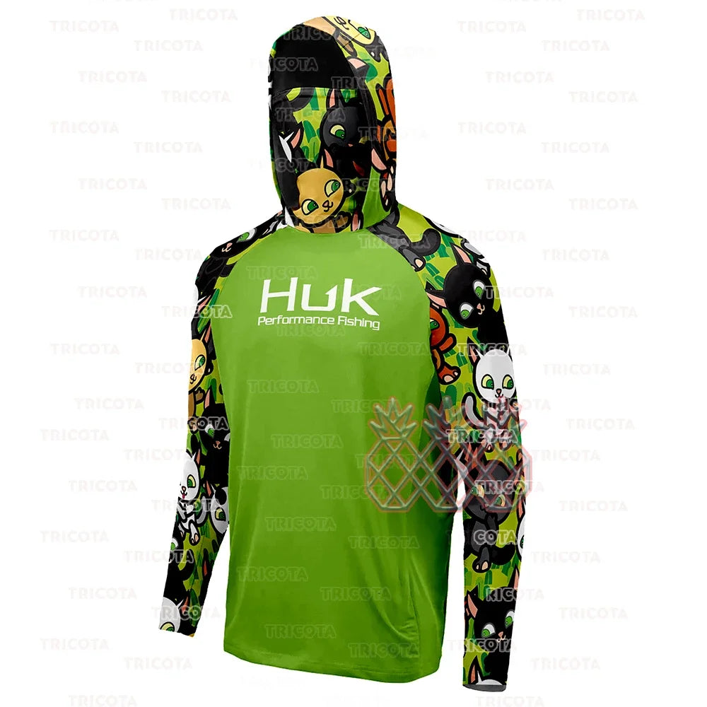 HUK Men Fishing Hoodie Cartoon Shirts Neck Mask Long Sleeve Quick Dry Fishing Apparel Cap Breathable UV Protection Angling Tops