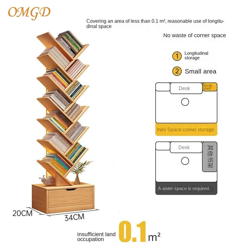 OMGD Simple Tree Small Bookcase Floor Shelf Home Bookcase Living Room Storage Rack Multi-layer Creative Bedroom Narrow Cabinet