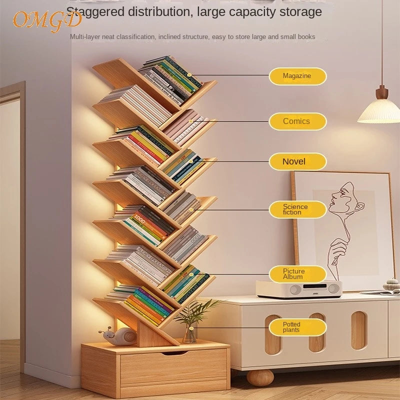 OMGD Simple Tree Small Bookcase Floor Shelf Home Bookcase Living Room Storage Rack Multi-layer Creative Bedroom Narrow Cabinet