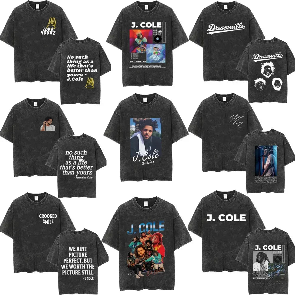 Rapper J Cole Washed T-shirt Vintage Style Music Album Concert Graphic Tshirts Men's Harajuku Hip Hop Punk Street T Shirt Unisex