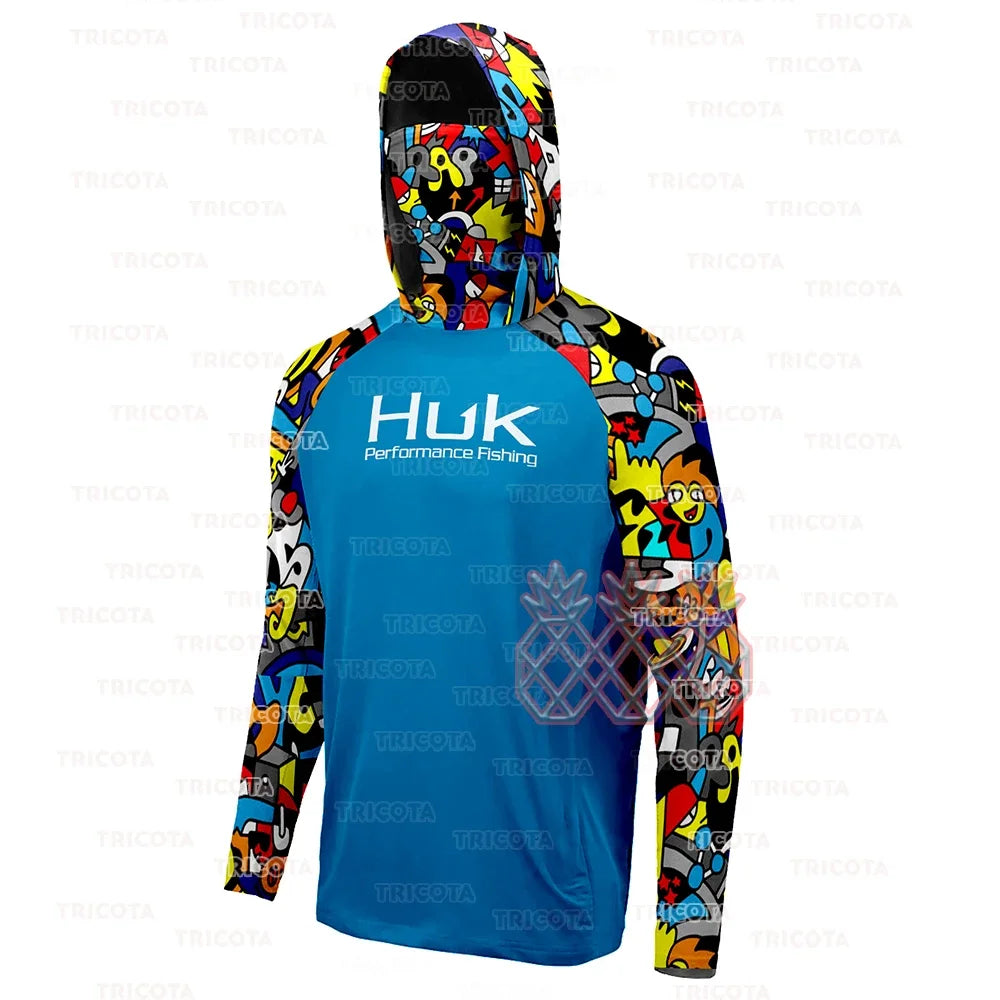 HUK Men Fishing Hoodie Cartoon Shirts Neck Mask Long Sleeve Quick Dry Fishing Apparel Cap Breathable UV Protection Angling Tops