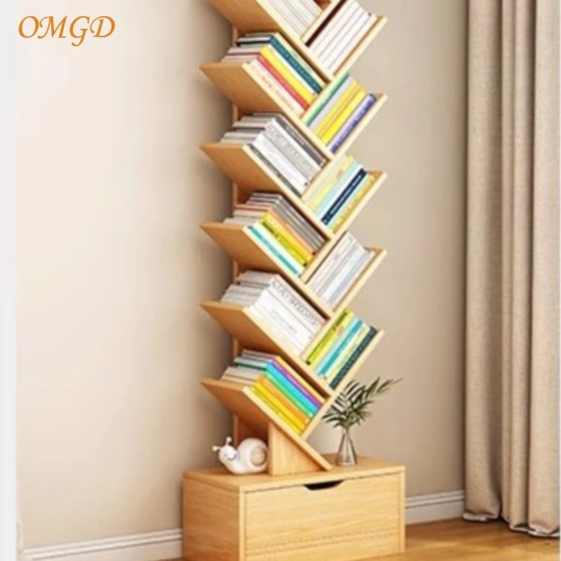 OMGD Simple Tree Small Bookcase Floor Shelf Home Bookcase Living Room Storage Rack Multi-layer Creative Bedroom Narrow Cabinet