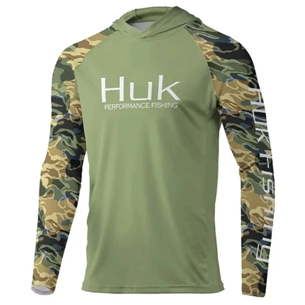 HUK Hooded Fishing Shirts Men's Long Sleeve Fishing Clothing Quick Dry Fishing T Shirt Sun Protection Breathable Fishing Apparel