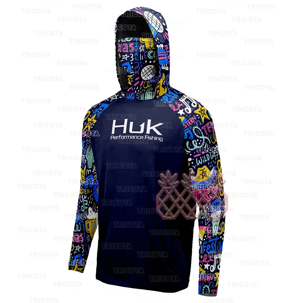 HUK Men Fishing Hoodie Cartoon Shirts Neck Mask Long Sleeve Quick Dry Fishing Apparel Cap Breathable UV Protection Angling Tops