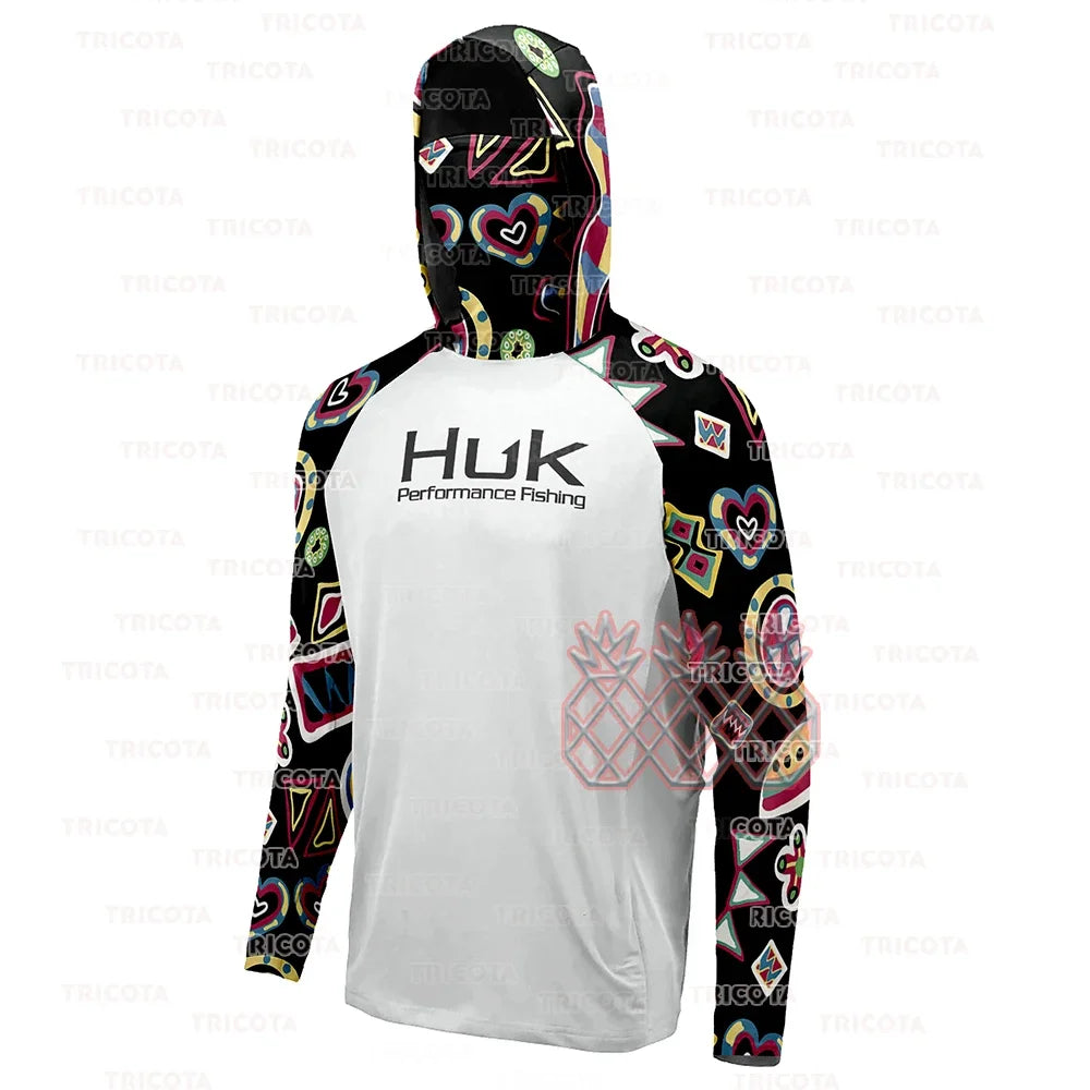 HUK Men Fishing Hoodie Cartoon Shirts Neck Mask Long Sleeve Quick Dry Fishing Apparel Cap Breathable UV Protection Angling Tops