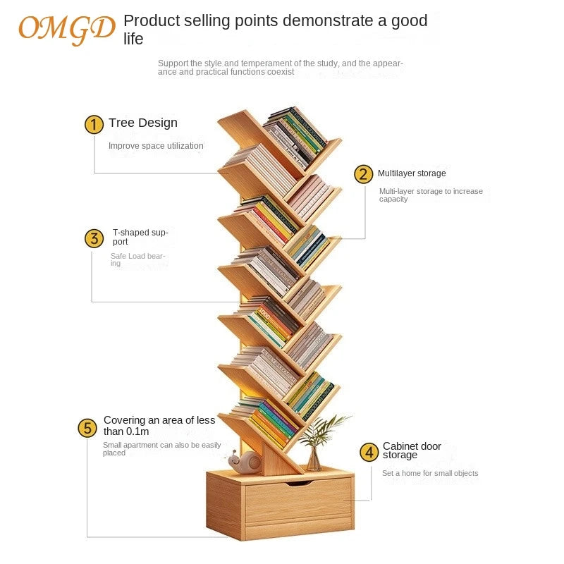 OMGD Simple Tree Small Bookcase Floor Shelf Home Bookcase Living Room Storage Rack Multi-layer Creative Bedroom Narrow Cabinet