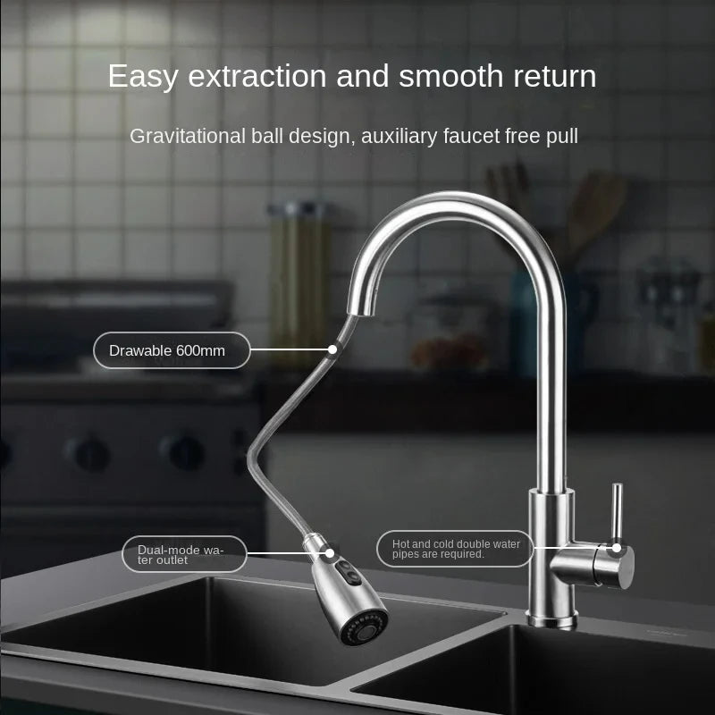 304 stainless steel Kitchen Faucet Single Hole Pull Out Spout Kitchen Sink Mixer Tap Stream Sprayer Head 360 Rotation Fauce