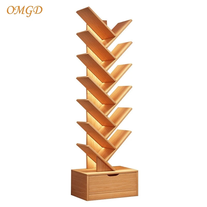 OMGD Simple Tree Small Bookcase Floor Shelf Home Bookcase Living Room Storage Rack Multi-layer Creative Bedroom Narrow Cabinet